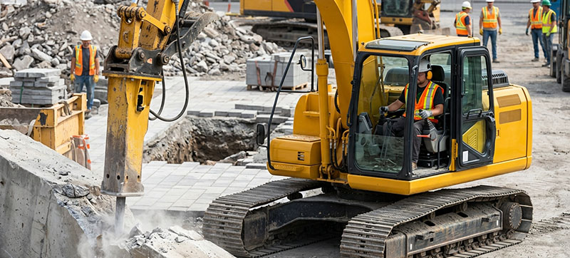 Rétrocaveuse avec marteau et opérateur